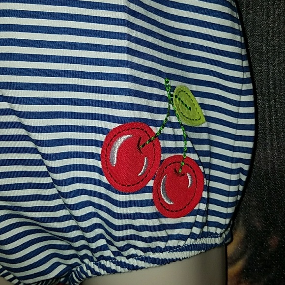 RockABilly Girl Blue Stripe Romper w Cherry Bottom - Picture 6 of 8